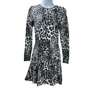 Michael Kors Fremont Leopard Print Knit Dress Fit Flare Long Sleeves Size XS